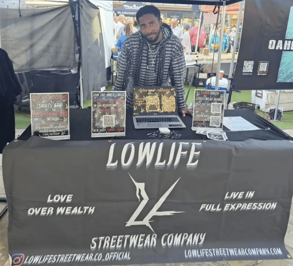 Me doing the first ever pop up for LOWLIFE at the Waikiki Makers Market in January 2026