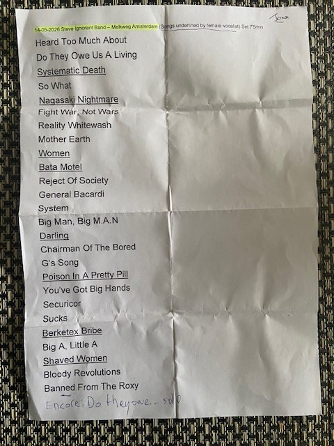 Steve Ignorant set list - Melkweg May 2026