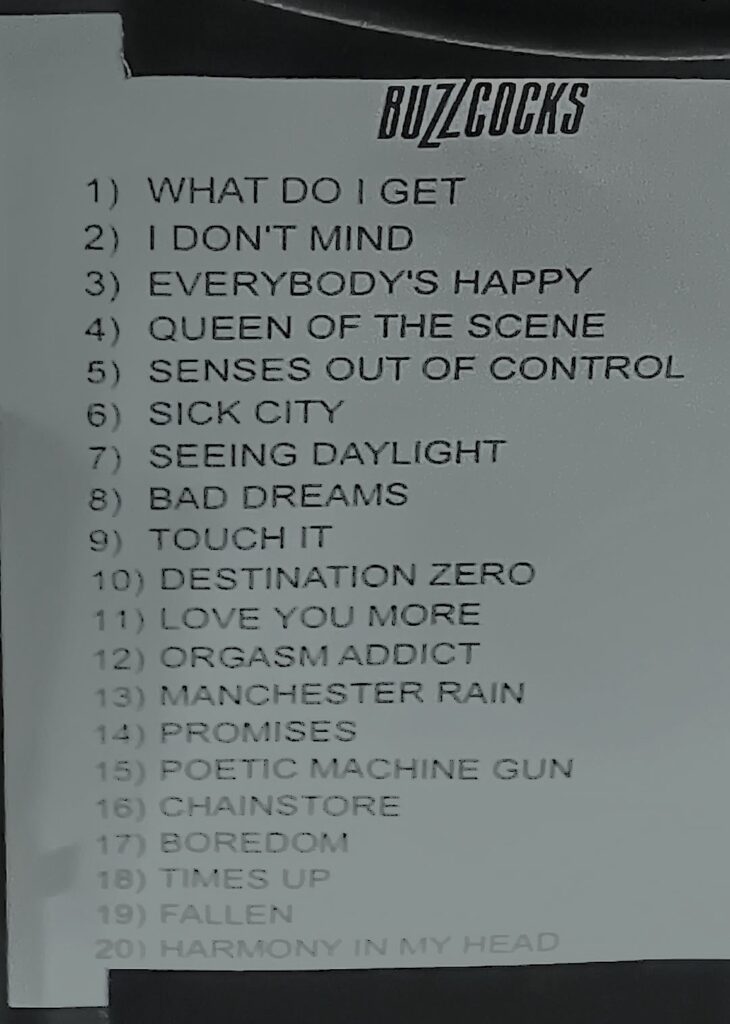 Buzzcocks set list - thanks to Dave Staplehurst