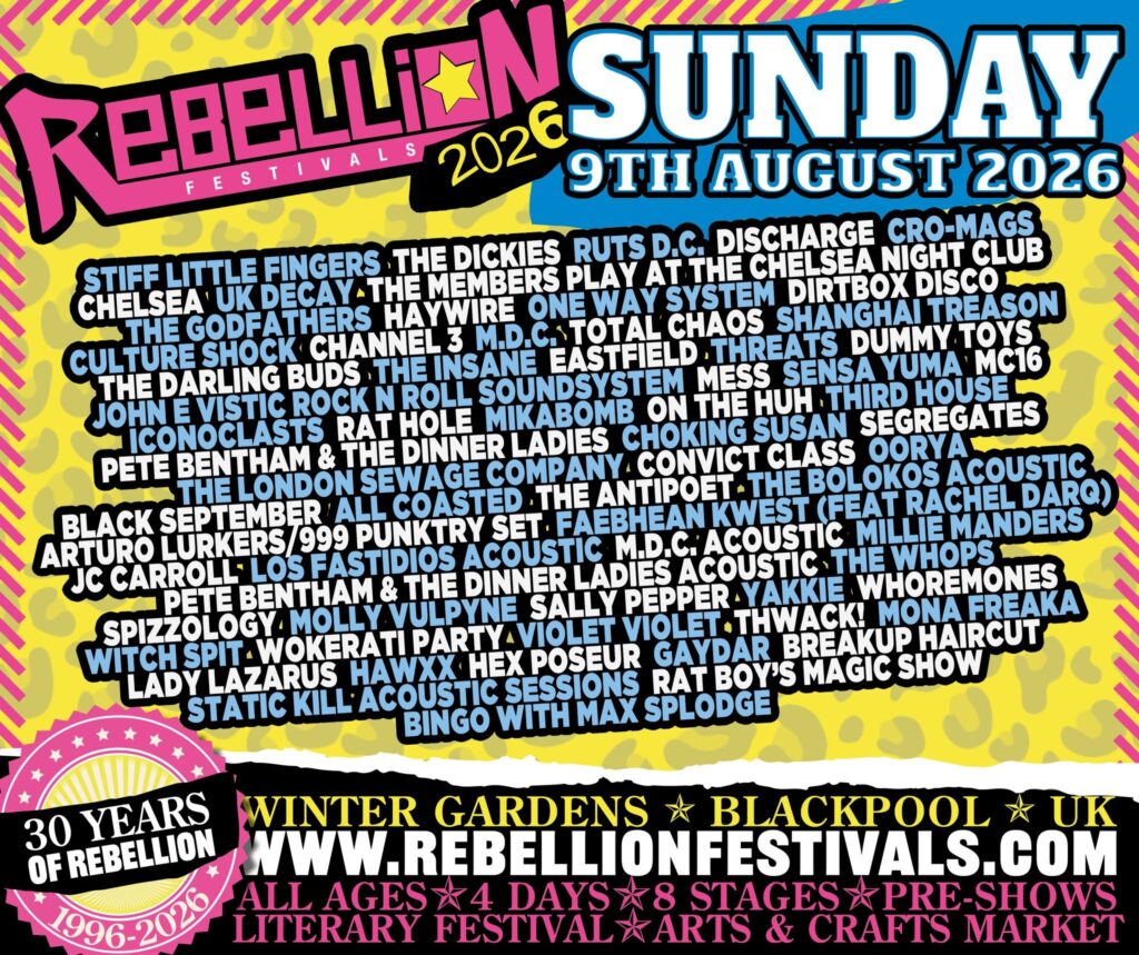 Rebellion Festival 2026 SUNDAY lineup poster