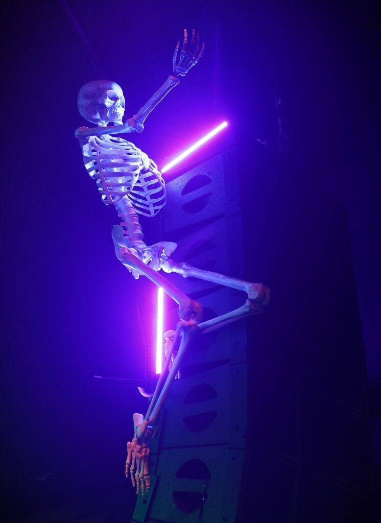 Skeleton posing on the speakers